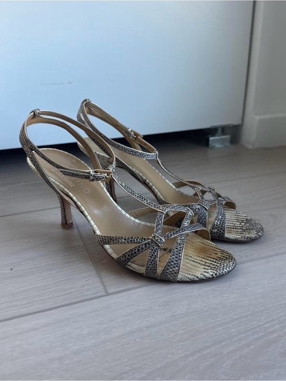 Valentino Gold Snake-Print Strappy Slingback Heels